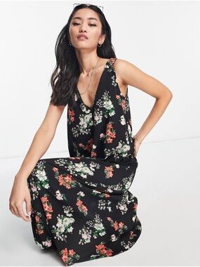 ASOS Black Floral Maxi Dress with Pink & Green Flowers